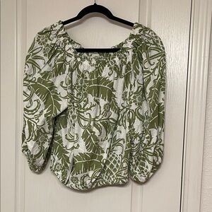 Rachel Zoe Olive & White Printed Off-Shoulder Blouse